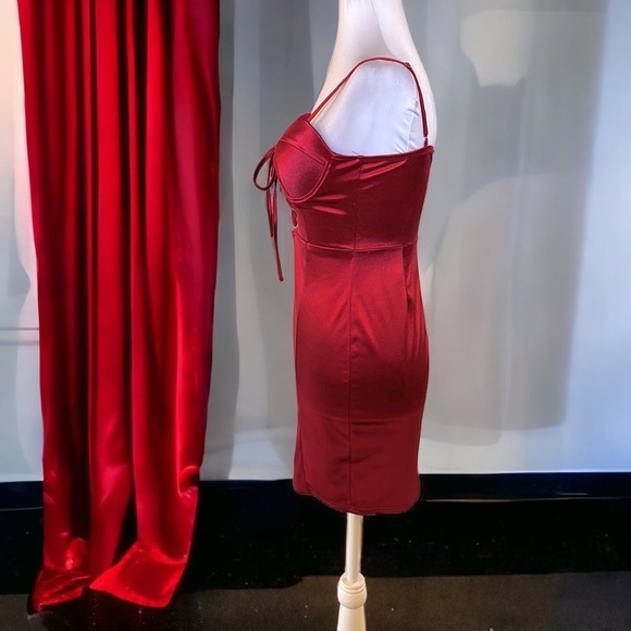 Red satin mini dress corset front ties padded bra adjustable straps ruched Sz S - Picture 8 of 14